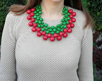 Collar de madera grueso para mujeres, collar de cuentas rojo verde brillante, collar de cuello de madera de declaración, collar de babero no metálico