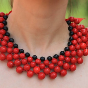 Handmade Ukrainian Bohemian Wood Bead Necklace for Women, Chunky Red Statement Bib Necklace with Modern Rustic Style and Natural Charm