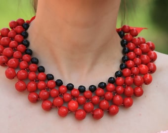 Handmade Ukrainian Bohemian Wood Bead Necklace for Women, Chunky Red Statement Bib Necklace with Modern Rustic Style and Natural Charm