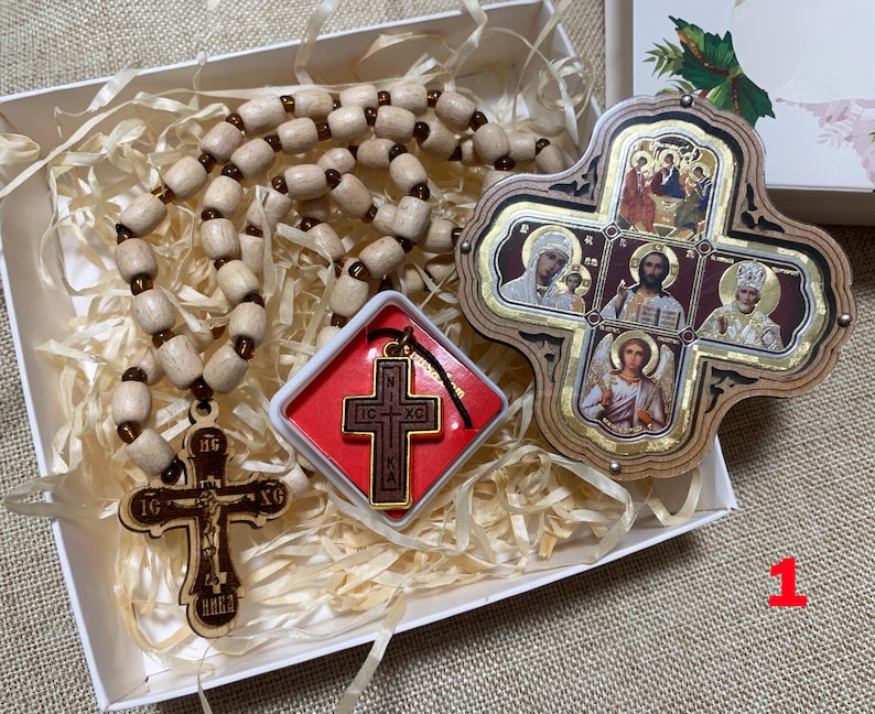 Orthodox Christian Gift Set, Car Rosary Beads and Wooden Icon, Religious Car Charm and Prayer Beads, Christian Home Protection Gift image 2