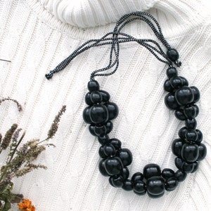 Chunky black bead necklace for women, statement wood beaded bib necklace, handmade big bead necklace, natural boho jewelry