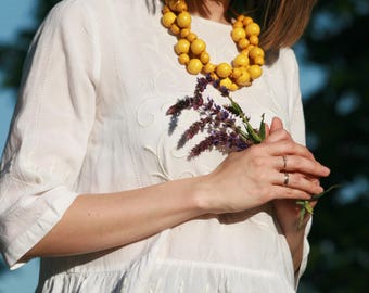 Adjustable Yellow Wooden Bib Necklace for Women, Chunky Natural Statement Jewelry from Ukraine, Boho Chic Bold Accessory