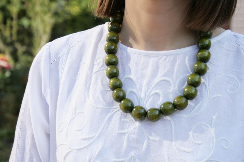 Olive Green jewelry bohemian wooden necklace Green Beaded Necklace