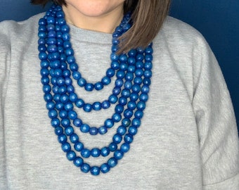 Blue multistand 5 layered beaded statement necklace, Large wood bead necklace, multilayered chunky wooden necklace for women
