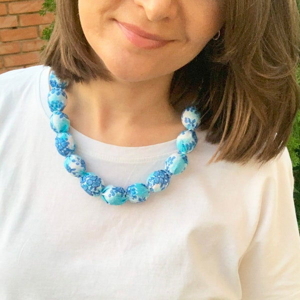 Blue Floral Cotton Fabric Covered Bead Necklace - Handmade Wood Bead Necklace - Ecofriendly Women's Jewelry