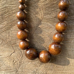 Boho Brown Wooden Necklace, Simple Wood Bead Necklace, Chunky Beaded Necklace with Large Wooden Beads