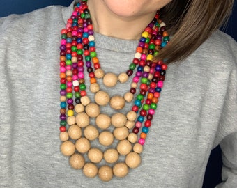 Statement Chunky Wooden Bead Necklace for Women, Wood Bead Large Multi Strand Beaded Necklace, Big Bead Jewelry