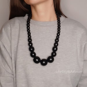 Black Chunky Necklace for Women - Handmade Wood Bead Necklace, Wooden Big Bead Statement Necklace image 2
