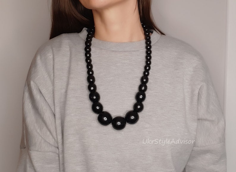 Black Chunky Necklace for Women - Handmade Wood Bead Necklace, Wooden Big Bead Statement Necklace image 2