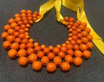Orange statement wood bead necklace for women, handmade wooden collar necklace, big bold chunky bib necklace