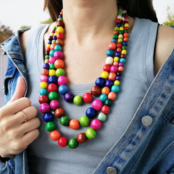 Colorful beaded necklace for women, statement wooden bead necklace, natural chunky multicolor bead necklace, boho wood bead necklace