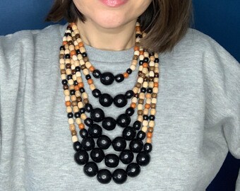 Wood Bead Multi Strand Beaded Necklace, Statement Chunky Wooden Bead Necklace for Women, Big Bead Jewelry