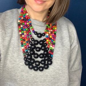 Wood Bead Large Multi Strand Beaded Necklace, Statement Chunky Wooden Bead Necklace for Women, Big Bead Jewelry