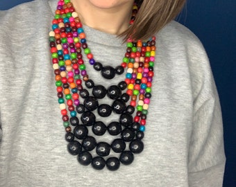 Wood Bead Large Multi Strand Beaded Necklace, Statement Chunky Wooden Bead Necklace for Women, Big Bead Jewelry