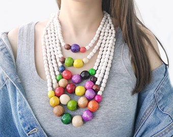 Boho veelkleurige houten kralenketting voor vrouwen, lange statement dikke ketting, Oekraïense etnische meerlaagse ketting, ambachtelijke rustieke sieraden