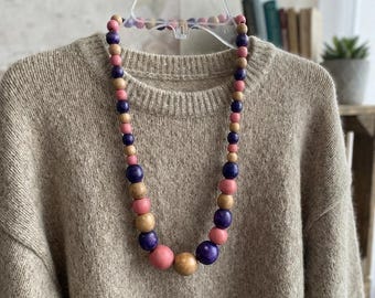 Long Wood bead necklace, Chunky beaded necklace for women