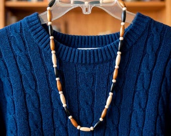 Mixed Wood Bead Necklace, Long Oval and Round Wooden Strand, Earthy Tri-Tone Statement Jewelry