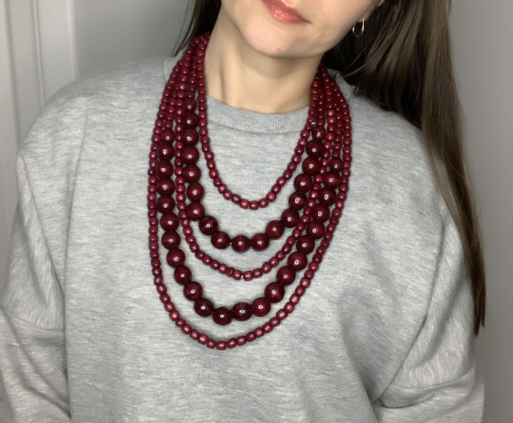 Red Wood Beads Tassel Statement Necklace - Multilayer Bib Collar Pendant With Aged Brass Beads