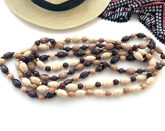 African Two-Tone Chunky Wooden Bead Necklace - Bold Statement Long Necklace for Women or Men, Boho Big Bead Handmade Jewelry