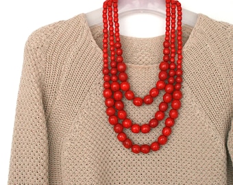 Collier de perles rouges pour femmes, collier de perles de bois ukrainien, grand collier de perles, collier multi-brins trapu, bijoux en bois boho