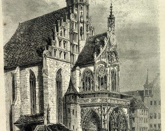 1852 Church of Our Lady in Nuremberg engraving, antiquearchitecture building  print, art CONSTRUCTION germany.