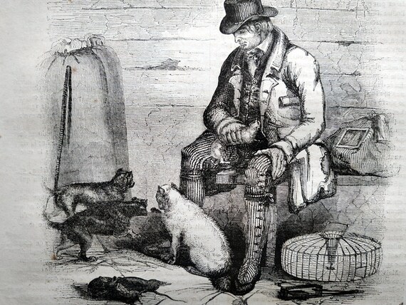 1841 Curious Rare Engraving of the Rat-catcher, Original Antique