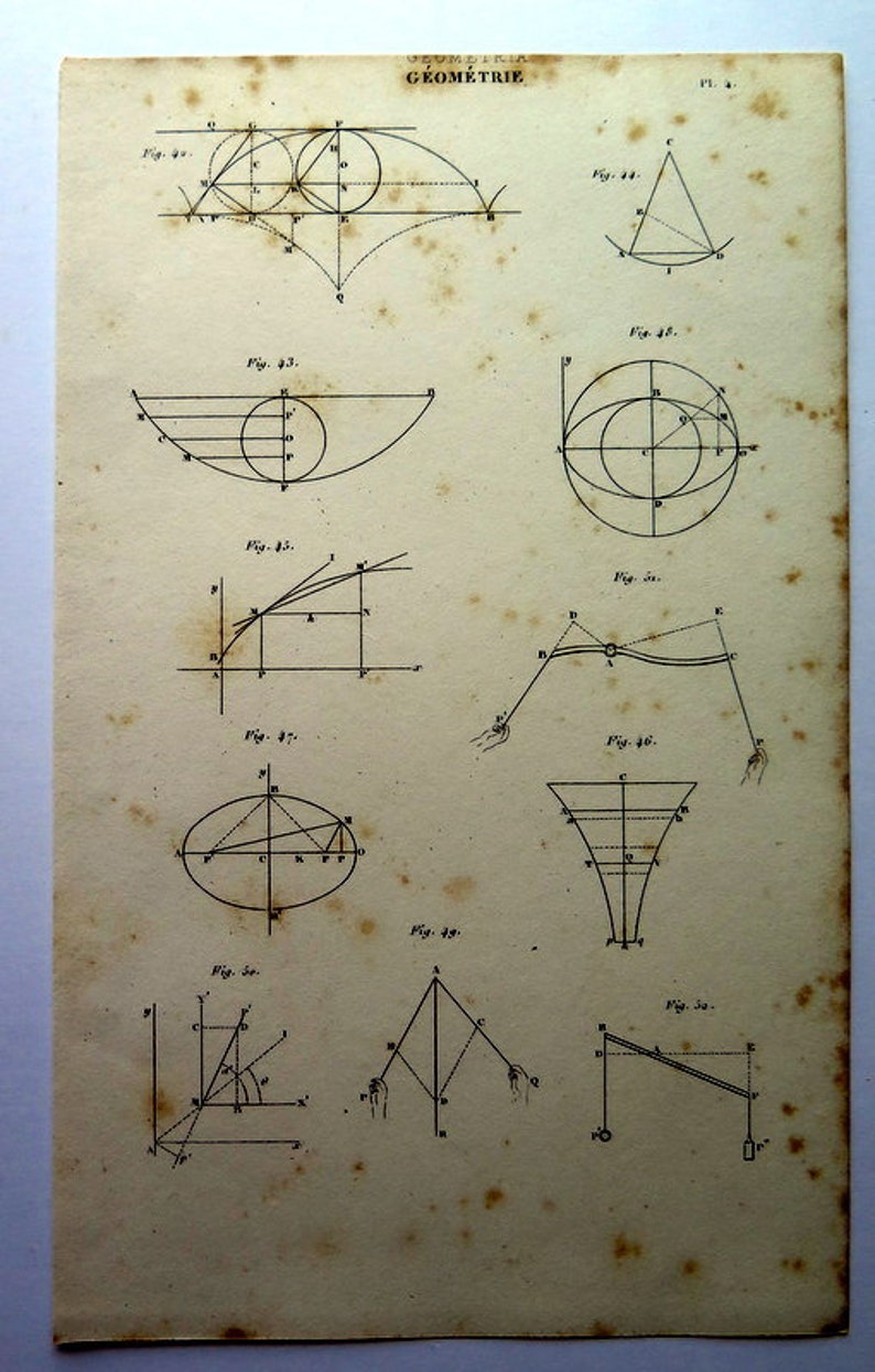 vintage MATHEMATICS print plane curves ellipse cycloid. 1852 Engraving of differents types of geometric curves in GEOMETRY