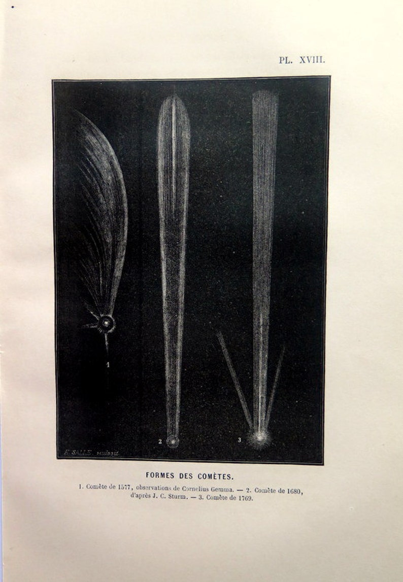 stars heavens cosmos plate celestial solar system. 1866 Antique astronomy comet shapes print original kinds comets engraving