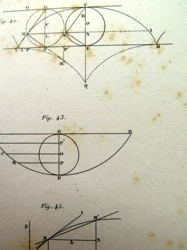 vintage MATHEMATICS print plane curves ellipse cycloid. 1852 Engraving of differents types of geometric curves in GEOMETRY