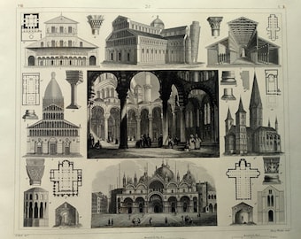 Byzantine Romanesque architecture steel engraving, 1849 San Marcos, Pisa Cathedral print, Mosque, art decoration pictures vintage.