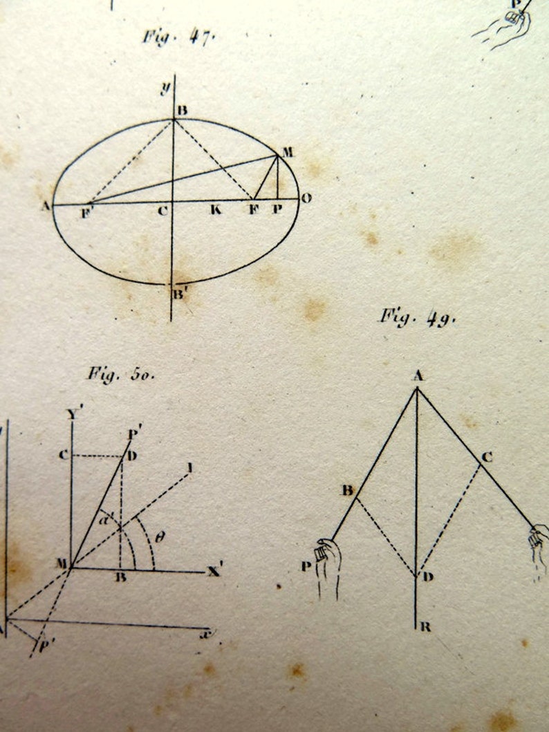 vintage MATHEMATICS print plane curves ellipse cycloid. 1852 Engraving of differents types of geometric curves in GEOMETRY
