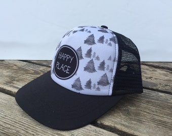 Kids Trucker Hat, Size 2-7, Black/White, Mesh Back, Recycled Polyester/Organic Cotton, Happy Place graphic, Adjustable