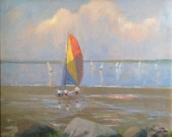 Sailing Todds Point.  Includes light gold closed corner wood and composition frame.
