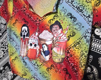 Top corto tie-dye de estilo otoñal con estampado de terror, talla mediana.