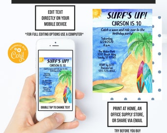 Surfing Birthday, Teen Birthday Invite, Surfs Up Invitation, Instant Access, Sports Invitation