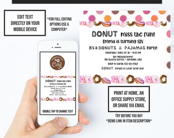 Donut Birthday Invitation, Doughnut Party, Doughnut Invite, Donut Party Theme, Instant Access