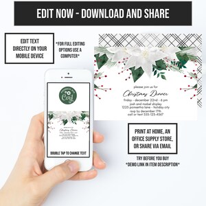 Floral Christmas Party Invitation, Christmas Dinner Invite, Poinsettia Invitation, Holiday Party, Corjl Invitations, Instant Access