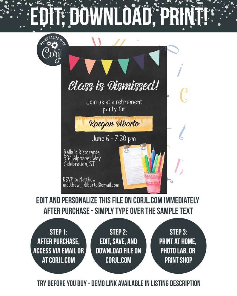 Op de afbeelding: Een bewerkbare, afdrukbare uitnodiging voor een afscheidsfeest. De uitnodiging heeft een schoolbordachtergrond met kleurrijke vlaggetjes, een potloodhouder met potloden en de tekst "Class is Dismissed!" en "Join us at a retirement party for Raegan Dibarto".