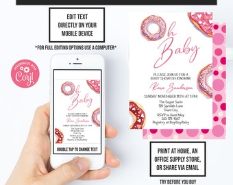 Donuts and Diapers, Donut Baby Shower, Corjl Invitations, Elegant Baby Shower, Instant Access