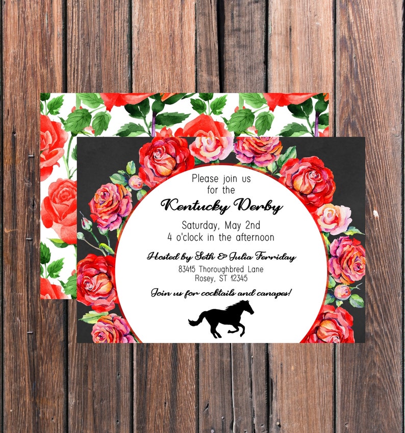 May include: A black and white invitation with red roses around the border. The invitation is for a Kentucky Derby party on Saturday, 2nd May at 4 o'clock in the afternoon. The party is hosted by Soth & Julia Forriday at 83415 Thoroughbred Lane, Rosey, ST 12345. The invitation says "Join us for cocktails and canap&eacute;s!"