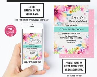 Isn't She One-derful, Floral Birthday, Onederful Girl, 1st Birthday Invite, Instant Access, Corjl Invitations