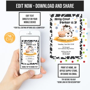 Cow Birthday Party, Cute Cow Invitations, Farm Birthday Party, Cow Party Theme, Instant Access, 1st Birthday Invite