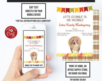 Thanksgiving Invite, Turkey Invitations, Gobble Til We Wobble, Friendsgiving, Corjl Template, Instant Access