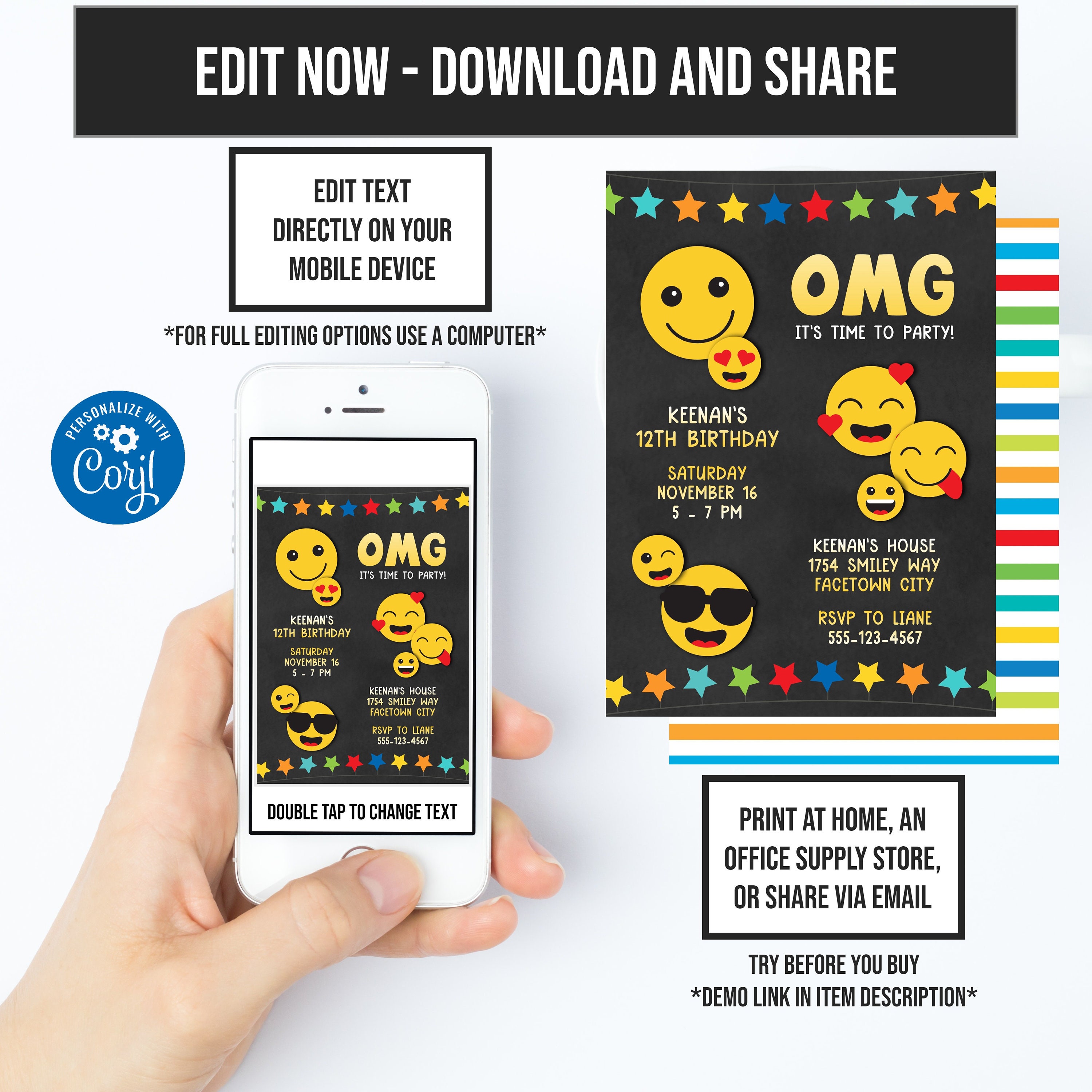 Emoji Invitation, Emoji Party Theme, Cute Birthday Invite, 1st Birthday ...