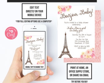 Paris Invitations, Parisian Baby Shower, Corjl Invitations, Baby Shower Brunch, Paris Party, Instant Access