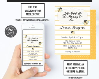 Bee Shower Invites, Mommy to Bee, New Baby Invitation, Elegant Baby Shower, Instant Access