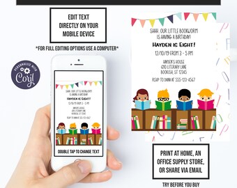 Verjaardag boekenwurm, kinderachtig feestthema, boekverjaardagsuitnodiging, directe toegang