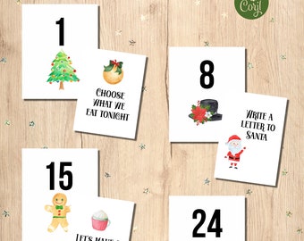 Printable Christmas Advent Calendar, Christmas Activity Cards, Printable Advent, Family Holiday Activities