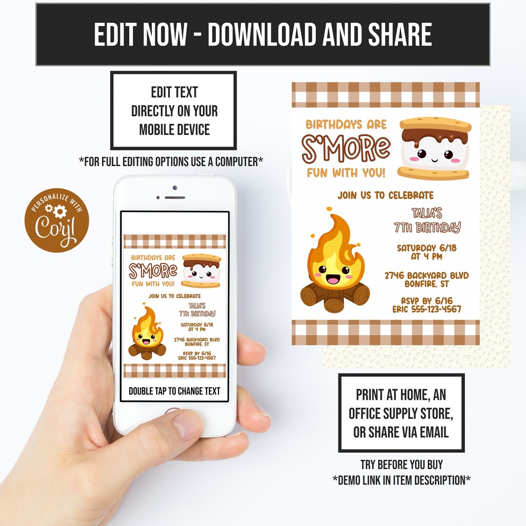 Smores Birthday, Smores Invitation, Corjl Template, Summer Party Invite, Cute Birthday Invite