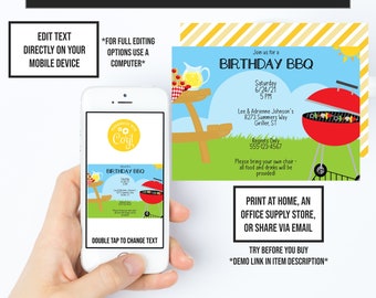 BBQ Birthday Invitation, Barbecue Invite, BBQ Birthday Party, Corjl Invitations, Birthday BBQ, Instant Access